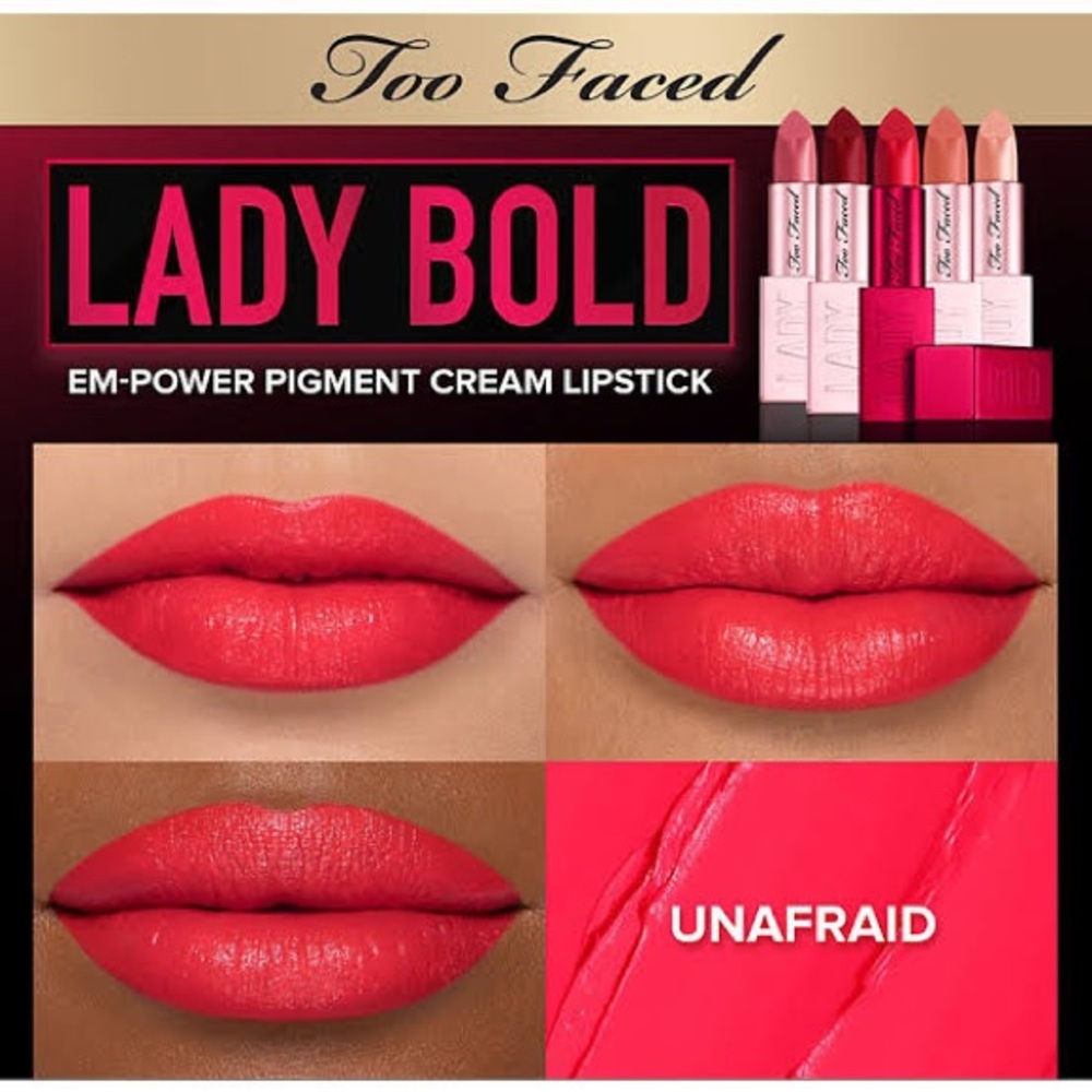 Too Faced Lady Bold Em-Power Pigment Velvety Cream Lipstick | Unafraid | New - Picture 2 of 8